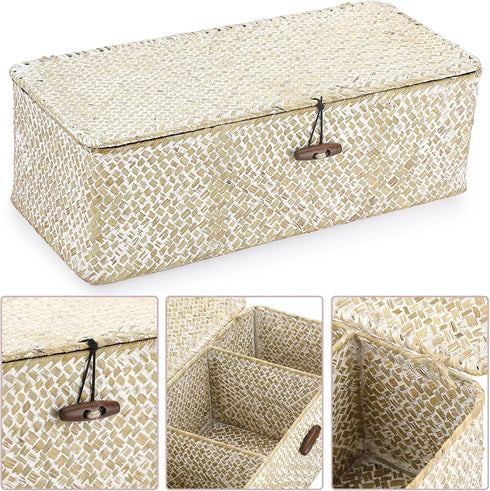 Hipiwe Seagrass Storage Basket Bin, Hand-Woven Wicker Basket with Lid for Organizing Bathroom Supplies