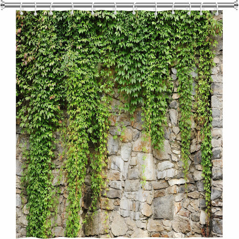 Stone Brick Wall Shower Curtain 70Wx70H Inch, Green Leaves Garden Landscape Fabric Bathroom Accessories