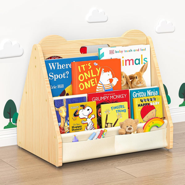 NANATI Solid Pine Wood Kids Bookshelf, Double-Sided Nursery Book Shelves, Portable Toddler Bookshelf,