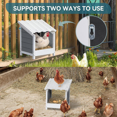 1 PETSFIT Hole Chicken Nesting Box-All Weather PVC Roof, Natural Wood Design with Privacy Back Panel for Hens-Wall