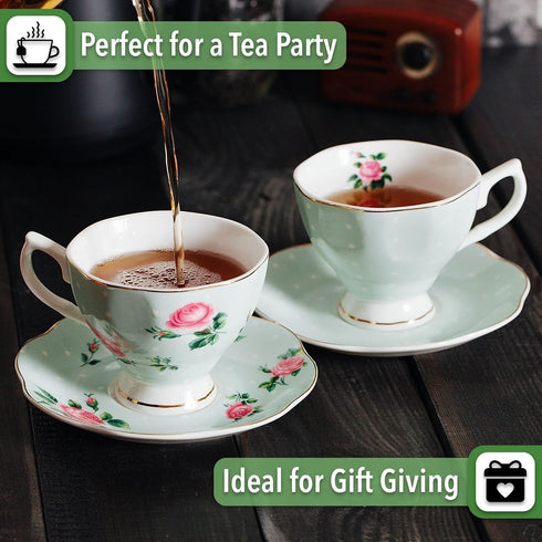 BTaT Floral Tea Cups and Saucers Set of 2, 8oz Coffee Cups with Gold Trim, British Tea Cups