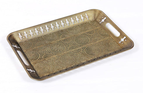 generic Sturdy 16" Rectangular Decorative Metal Serving Tray - Champagne Gold with Filigree