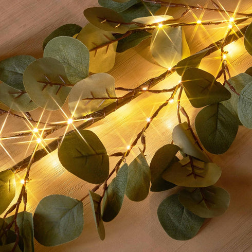 Hairui 6FT Lighted Artificial Eucalyptus Garland with 96 LED Battery Operated Faux Vine Lights and Timer for Decor