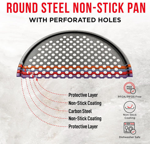 Non-Stick Pizza Pan with Holes, 13-Inch Perforated Carbon Steel Pizza Crisper, 1 Round Pizza Tray