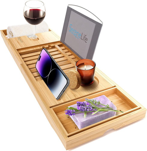 SereneLife Luxury Bamboo Bathtub Caddy Tray, Adjustable Wood Organizer with Wine Holder and Phone Slot