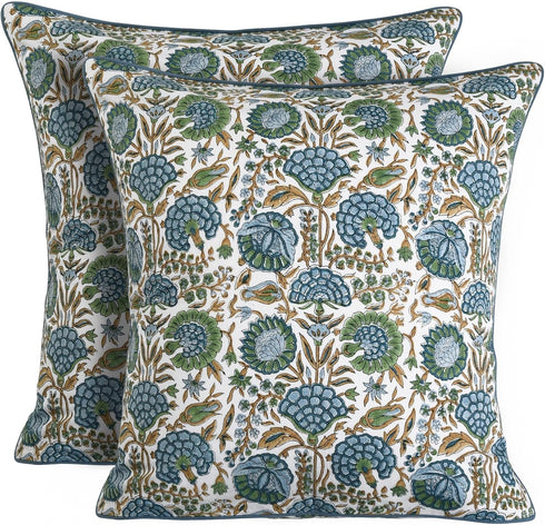 Ridhi Asparagus Green Print Cotton Throw Pillow Covers for Decorative Couch - 18x18 Inches