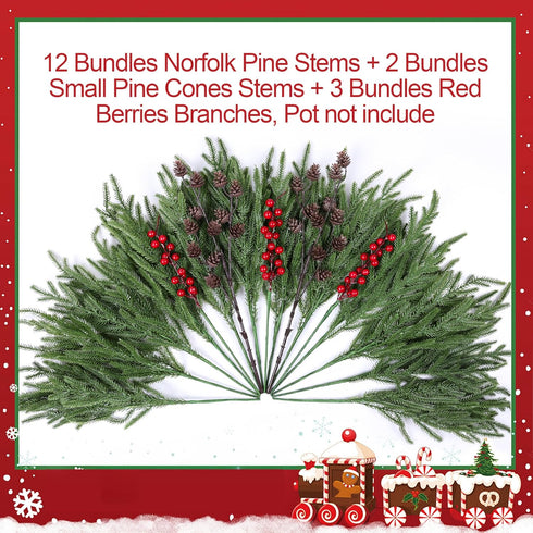 17 Branches,19 Inch HyeFlora PCS Christmas Norfolk Pine Stems with Small Pinecones and Red Berries Real Touch