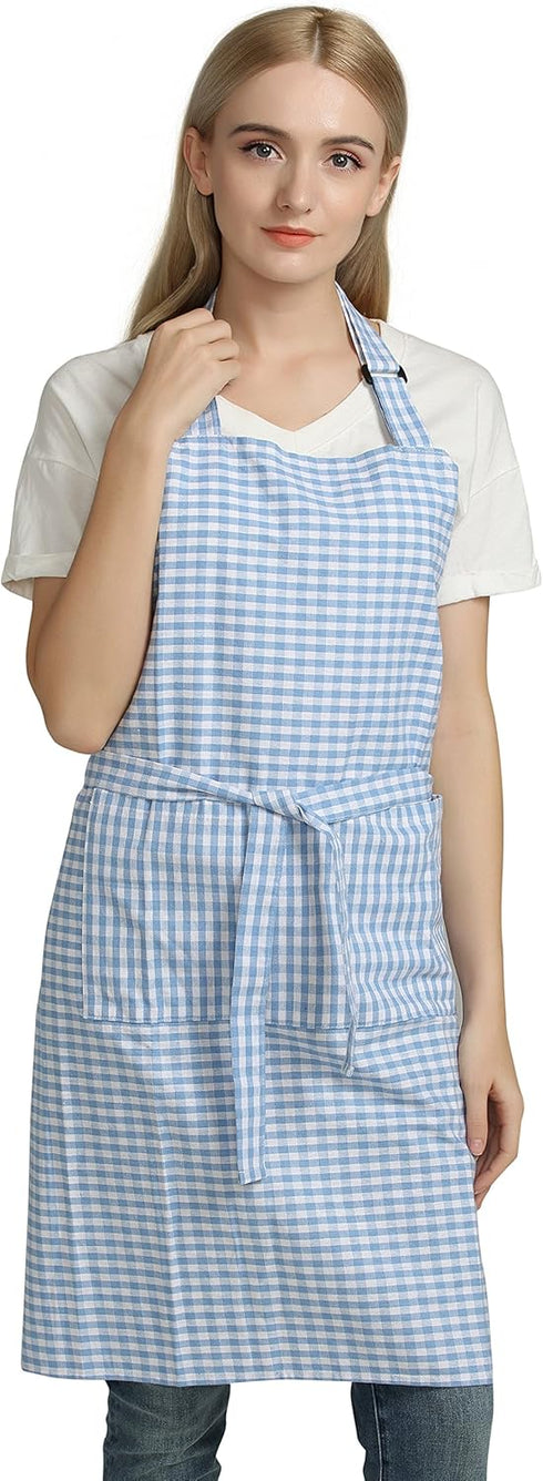 Vintage Gingham Chef Bib Canvas Kitchen Aprons, Large Size, 100% Pure Cotton, Adjustable Neck Strap, Pockets (Blue)