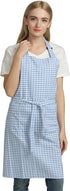 Vintage Gingham Chef Bib Canvas Kitchen Aprons, Large Size, 100% Pure Cotton, Adjustable Neck Strap, Pockets (Blue)