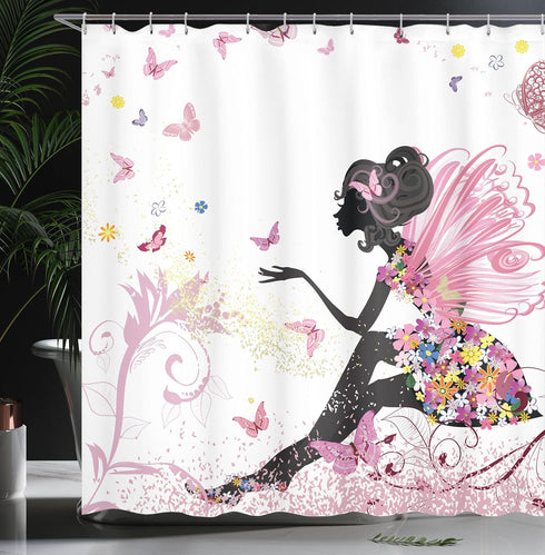 Ambesonne Girls Shower Curtain, Pink Butterfly Girl with Floral Dress, Fabric Bathroom Decor Set, 84 Inches