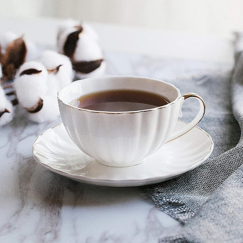 7 oz Set 6, Set BTaT- Cappuccino Cups with Saucers with Gift Box, of White Porcelain Coffee Cup and Saucer for Latte