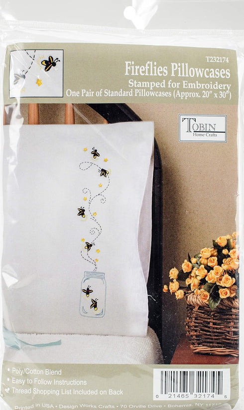 Tobin Stamped Pillowcases, Fireflies, 20" x 30" Embroidery Kit, White