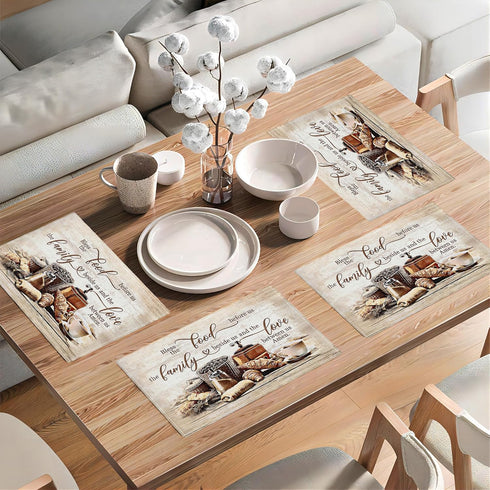 Set 4, 12x18 Inch Christian Coffee Placemats of Bless The Food Before Us Place Mats, Religious Table Mats for Kitchen