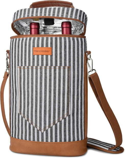 Tirrinia 2 Bottle Wine Gift Tote Carrier, Leakproof & Insulated Padded Wine Cooler Bag for Travel, Black Stripe