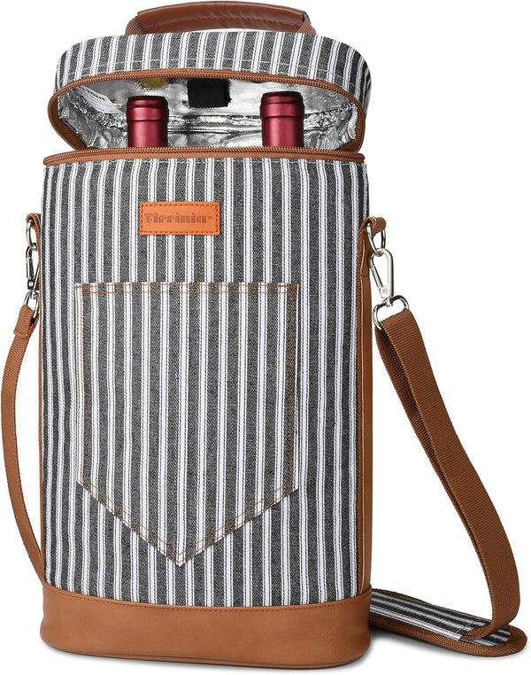 Tirrinia 2 Bottle Wine Gift Tote Carrier, Leakproof & Insulated Padded Wine Cooler Bag for Travel, Black Stripe