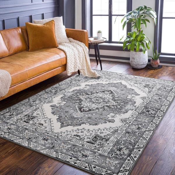 Noahas Vintage Grey 4x6 Area Rugs, Machine Washable Low Pile Print Rug with Non-Slip Rubber Backing for Home Decor