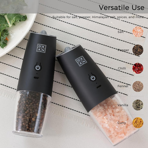 Set 591 (100ml) Electric Salt and Pepper Grinder Gravity Tilt-to-Grind, USB-C Rechargeable, Adjustable Ceramic Burr