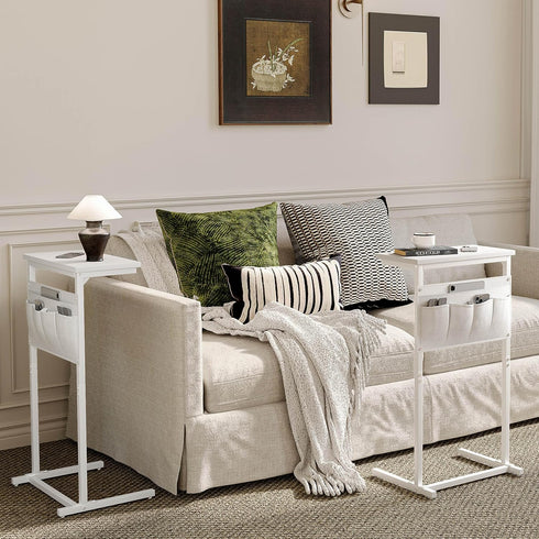 LET501W C Shaped End Table, Side Table for Sofa, Small TV Tray, Couch Table with Storage Bag for Small Space, Living