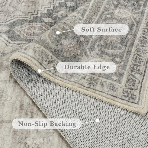 Lahome Oriental 2x5 Hallway Runner Rug, Washable Non-Slip Vintage Carpet Runner for Bedroom Bathroom, Grey
