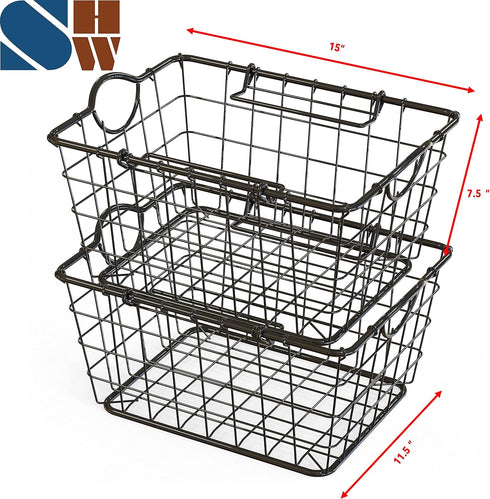 Simple Houseware 2 Pack Stackable Single Wire Basket (11.5 x 15 x 7.5 in) for Organizing Storage Solutions