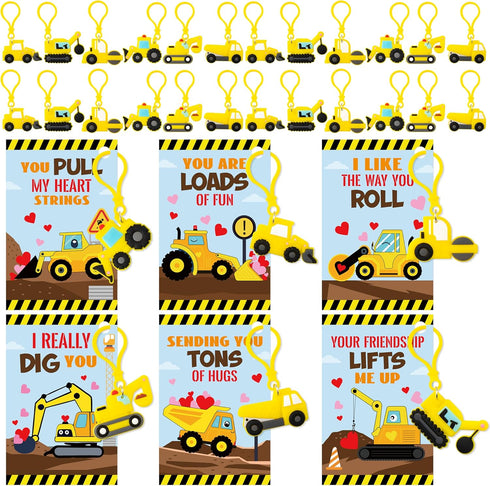 Haooryx Valentine's Day Gift Cards with Construction Vehicles Keychains - 30 Pack