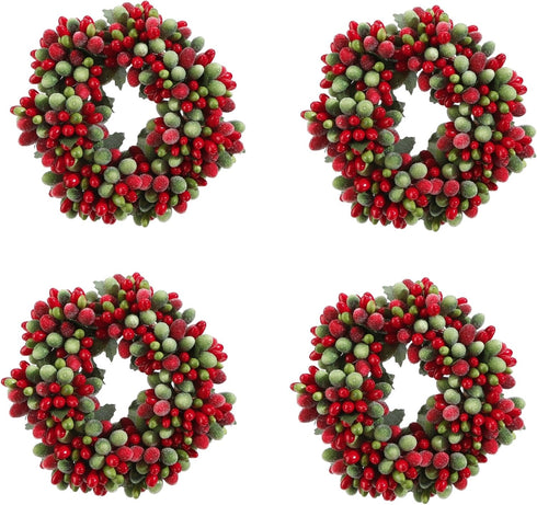 Christmas Red & Green Frosted Berry Mini-Wreath/Candle Ring 5.75" OR Set of 4 Napkin Rings/Tiny Wreath Ornaments (4,