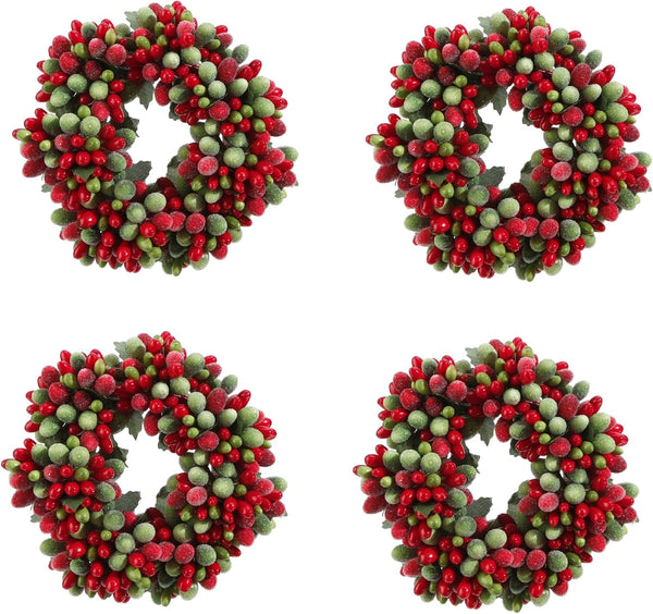 Christmas Red & Green Frosted Berry Mini-Wreath/Candle Ring 5.75" OR Set of 4 Napkin Rings/Tiny Wreath Ornaments (4,