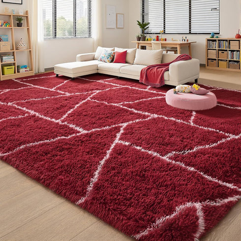 5x7 Area Rugs for Living Room Bedroom, Washable Non-Slip Feet Red White Throw Rug, Soft Plush Shaggy Fluffy Geometric