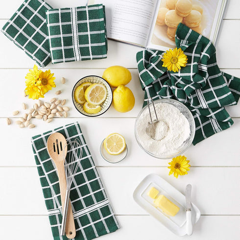 DII Basic Terry Collection Windowpane Dishtowel Set, 4 Piece, 16x26, Dark Green Check