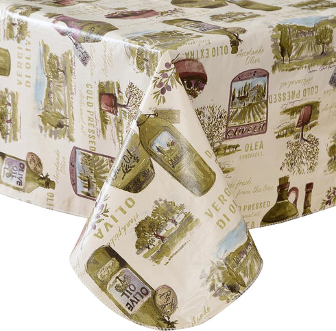 Newbridge 60 102 Inch Countryside x Rectangle Vinyl Tablecloth with Flannel Backing, Lucca Olive Oil Print, Indoor