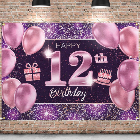 Happy 12th Birthday Banner Backdrop - 12 Party Decorations Supplies for Girl - Pink Purple Gold 4 x 6ft