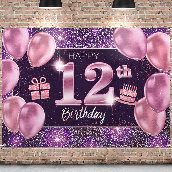Happy 12th Birthday Banner Backdrop - 12 Party Decorations Supplies for Girl - Pink Purple Gold 4 x 6ft