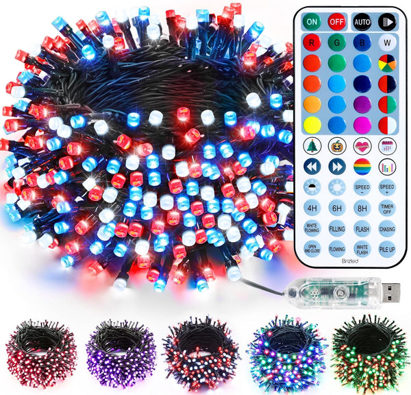 Brizled Color Changing Christmas Lights, 33ft 100 LED RGB Red White Blue