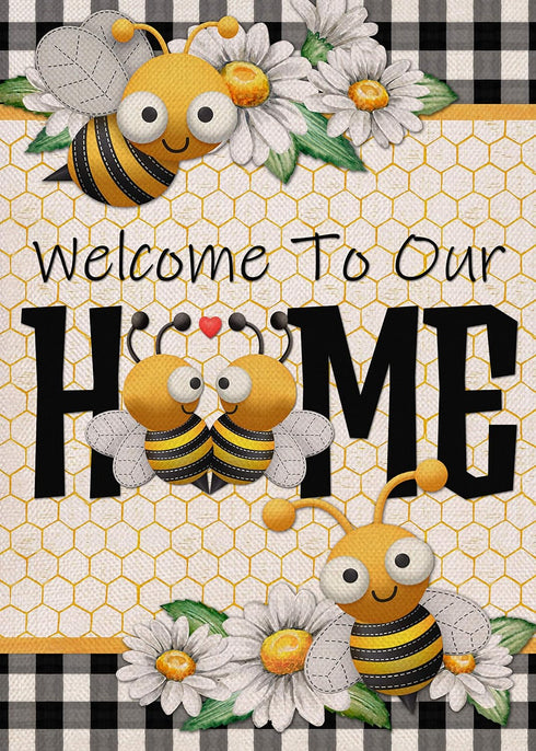 Welcome to Our Home Bumble Bee Decorative Garden Flag, Spring Summer Daisy Buffalo Plaid Outdoor Decor 12×18