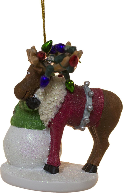 Moose with Snowman and Lights Christmas/Everyday Ornament for Holiday Decor