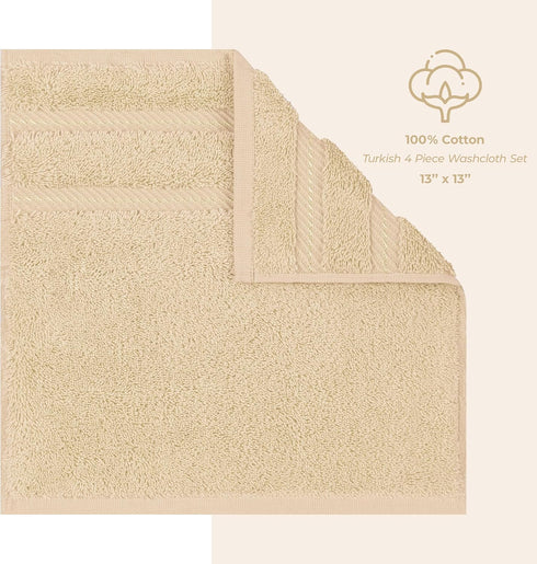 American Soft Linen Luxury Washcloths, 600 GSM 100% Cotton, 4 Piece Set, Beige