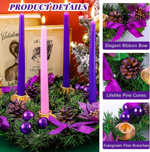 MCEAST 12 Inch Christmas Centerpiece Wreath Candle Holder with Purple Ribbon, Bowknots, Pine Cones for Home Decoration