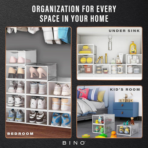 BINO 12-Pack Plastic Stackable Shoe Box Set, Clear Foldable Shoe Storage Container with Front Open