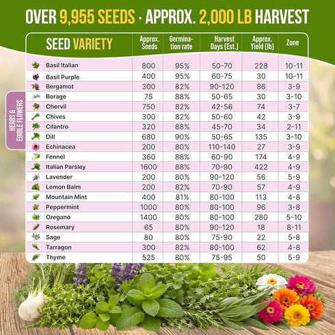 20 Pack 9500+ Culinary Herbs & Edible Flower Seed Variety for Planting Indoor & Outdoors. Non-GMO Heirloom Flower