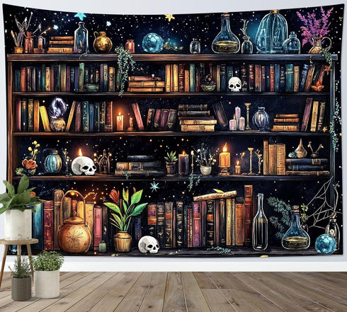 40L 60W Inches HVEST Magic Bookshelf Tapestry Vintage Bookshelf Witchy Books Plant Skull Gothic Halloween Tapestry Wall