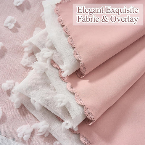 1 72 Inch Pink Blackout Curtain for Girls Bedroom Panel, Double Layered Curtain with Pom Pom White Sheer Overlay, Light