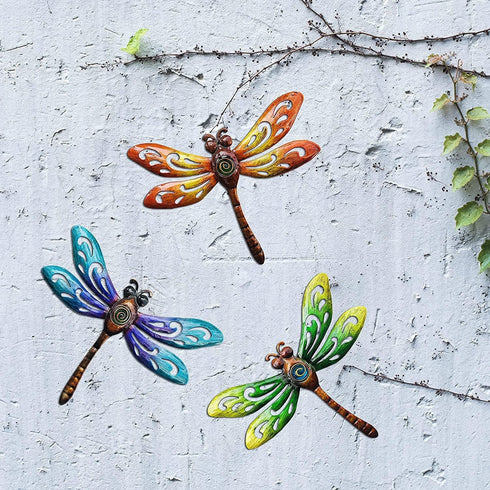 YNGFIL Dragonfly Wall Art Decor | 3 Pack Metal Indoor Outdoor Hanging Decorations for Living Room Bedroom, 9 Inch