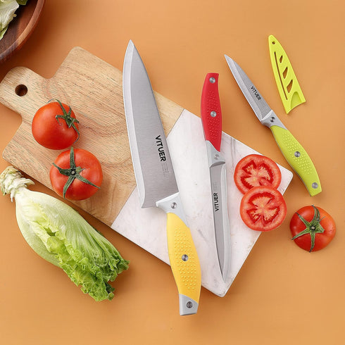 Chef Knife Set, 3PCS Multicolor Stainless Steel Kitchen Knives, 8" Chef's, 4.5" Utility, 4" Paring Knife (3Pack)
