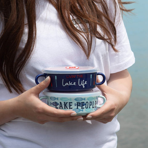 Pavilion Gift Company Livin' The River Life Stoneware Snack Soup Bowl, 13.5oz, Blue with BPA Free Lid