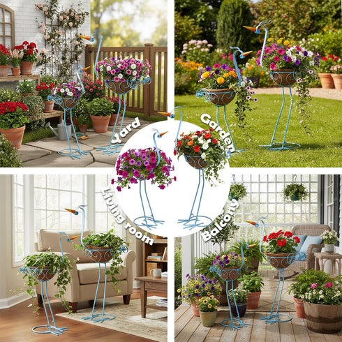 2 Sets J-Fly Pelican Metal Flowers Plant Holders Stand with Coconut Pots, Plants Stand Indoor Flower Pots Outdoor, Room