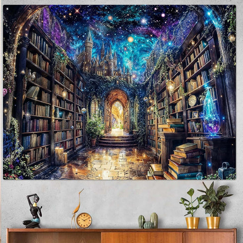 Lunerfex 60x45 Inch Fantasy Library Tree of Life Wall Tapestry, Magical Bookshelf Tapestries for Room Decor, Enchanting