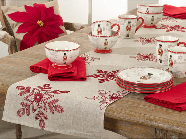 Saro Lifestyle Embroidered Snowflakes Table Runner, 16"x90", Red