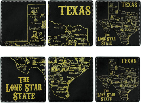 Set 4 Inches Set 6 Marble Coasters Square Leather Drinks Coaster with Holder for Coffee Table Bar Home Decor of (Texas