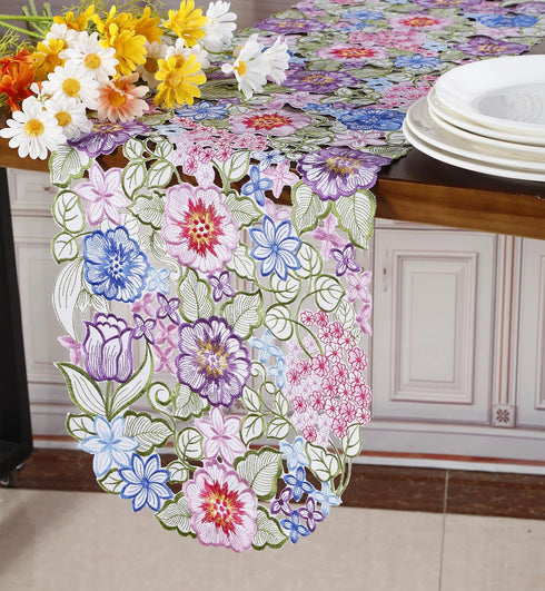 Flowery Table Runner 13"×54", Cutwork Embroidered Floral Dresser Scarf for Home Kitchen Dining