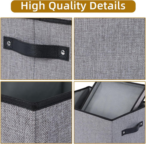 Fabric Storage Boxes, 7.1 x 9.1 x 13 Inch Bins with Lids, Decorative Linen Closet Organizers with Handles, Small, Gray